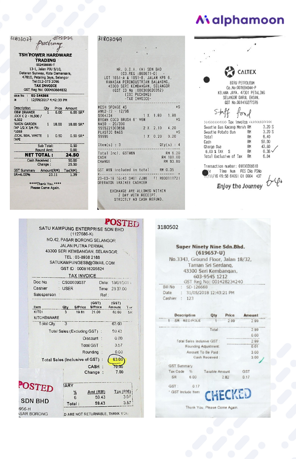 Examples of receipts used in the comparison of data extraction tools