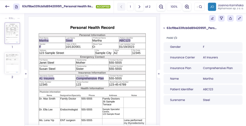 personal health records extracted